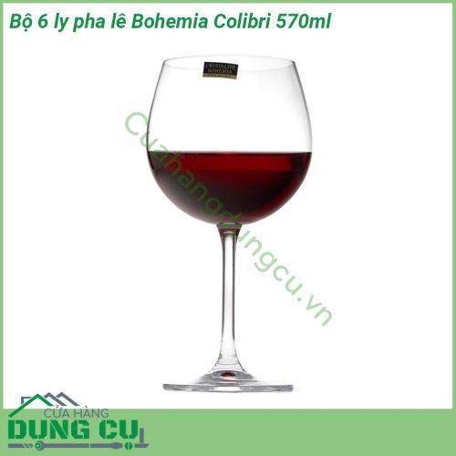 Bộ 6 ly pha lê Bohemia Colibri 570ml được thiết kế với một bầu lớn phần chân cao  có đường gân độc đáo tạo điểm nhấn ấn tượng  Chất liệu pha lê cao cấp độ sáng và độ bóng hoàn hảo sản phẩm không chứa chì an toàn tuyệt đối với sức khỏe người sử dụng