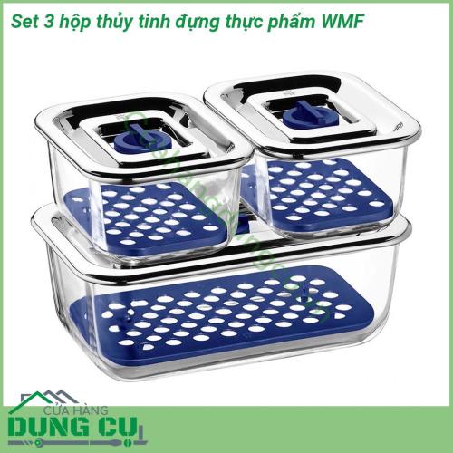 Hộp thủy tinh đựng thực phẩm WMF được làm bằng chất liệu thủy tinh chịu lực rất bền lại dễ chùi rửa không bị ố màu  Thiết kế đóng mở hộp dễ dàng lưu trữ kín khít nhờ gioăng và van chất lượng cao cấp bảo quản thực phẩm được tươi lâu hơn