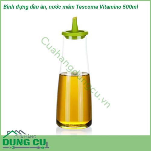 Bình đựng dầu ăn nước mắm Tescoma Vitamino 500ml được làm từ 100 thủy tinh Borosilicate cao cấp ổn định nhiệt độ tuyệt đối  Phễu bình là silicone rất chặt và khít nhưng lại mềm dẻo mở ra dễ dàng