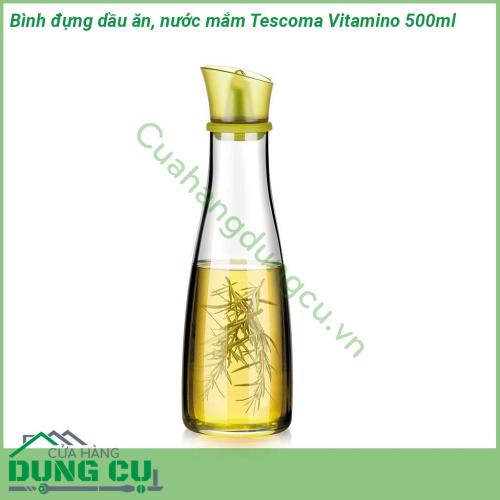 Bình đựng dầu ăn nước mắm Tescoma Vitamino 500ml được làm từ 100 thủy tinh Borosilicate cao cấp ổn định nhiệt độ tuyệt đối  Phễu bình là silicone rất chặt và khít nhưng lại mềm dẻo mở ra dễ dàng