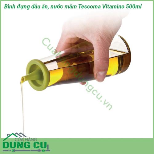 Bình đựng dầu ăn nước mắm Tescoma Vitamino 500ml được làm từ 100 thủy tinh Borosilicate cao cấp ổn định nhiệt độ tuyệt đối  Phễu bình là silicone rất chặt và khít nhưng lại mềm dẻo mở ra dễ dàng