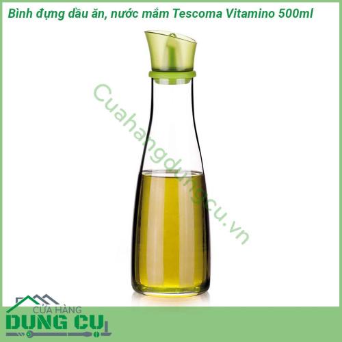 Bình đựng dầu ăn nước mắm Tescoma Vitamino 500ml được làm từ 100 thủy tinh Borosilicate cao cấp ổn định nhiệt độ tuyệt đối  Phễu bình là silicone rất chặt và khít nhưng lại mềm dẻo mở ra dễ dàng