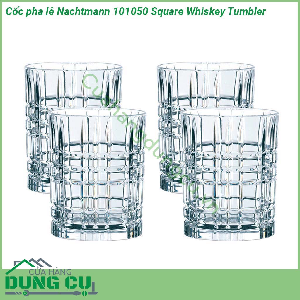 Bộ 4 cốc pha lê Nachtmann 101050 Square Whiskey Tumbler được làm từ pha lê cao cấp với chi tiết giống kim cương kết cấu độc đáo mịn cạnh không hạt khúc xạ rực rỡ  thích hợp cho rượu whisky và cocktail