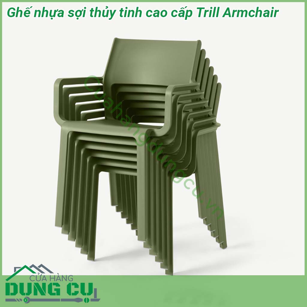 Ghế nhựa sợi thủy tinh cao cấp Trill Armchair có tay vịn được đúc nguyên khối bằng chất liệu Polypropylene với phụ gia chống tia UV và có thể tái chế nên rất thân thiện với môi trường an toàn cho người sử dụng