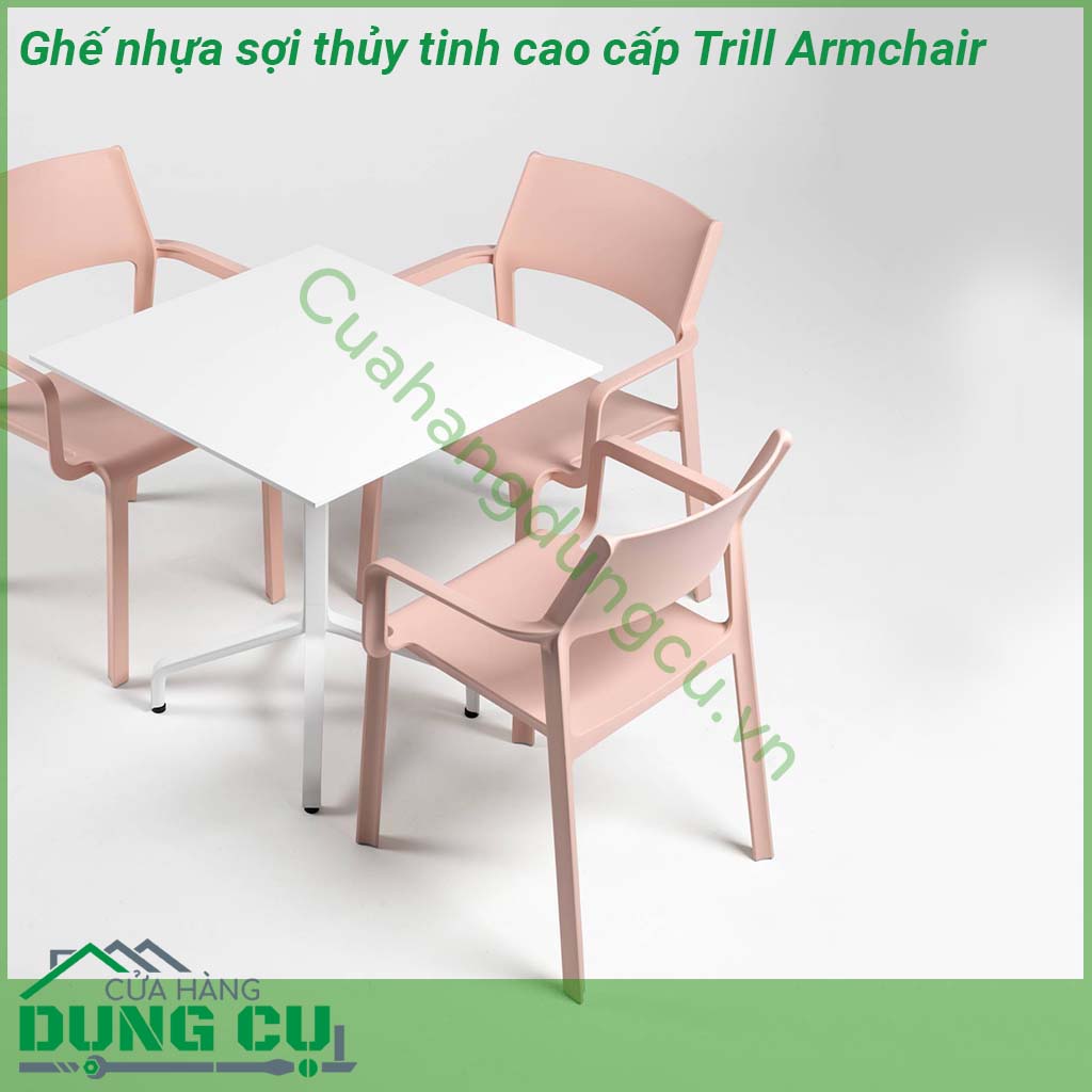 Ghế nhựa sợi thủy tinh cao cấp Trill Armchair có tay vịn được đúc nguyên khối bằng chất liệu Polypropylene với phụ gia chống tia UV và có thể tái chế nên rất thân thiện với môi trường an toàn cho người sử dụng