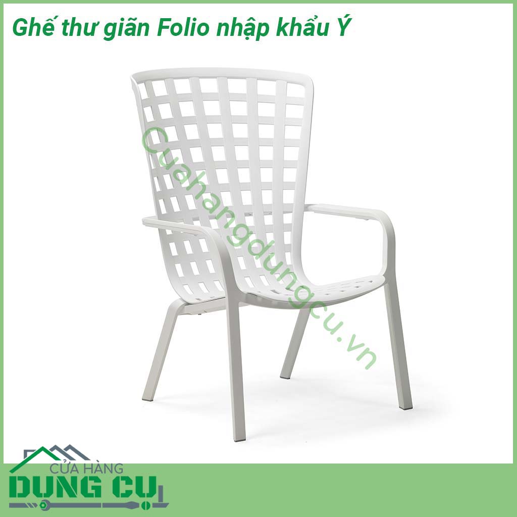 Ghế thư giãn Folio nhập khẩu Ý nhập khẩu được làm bằng nhựa sợi thủy tinh với hoa văn hình vuông được đục lỗ và lớp hoàn thiện mờ  Với chân chống trượt  Cực kỳ dễ vệ sinh chịu được thời tiết có thể xếp chồng lên nhau và hoàn toàn có thể tái chế