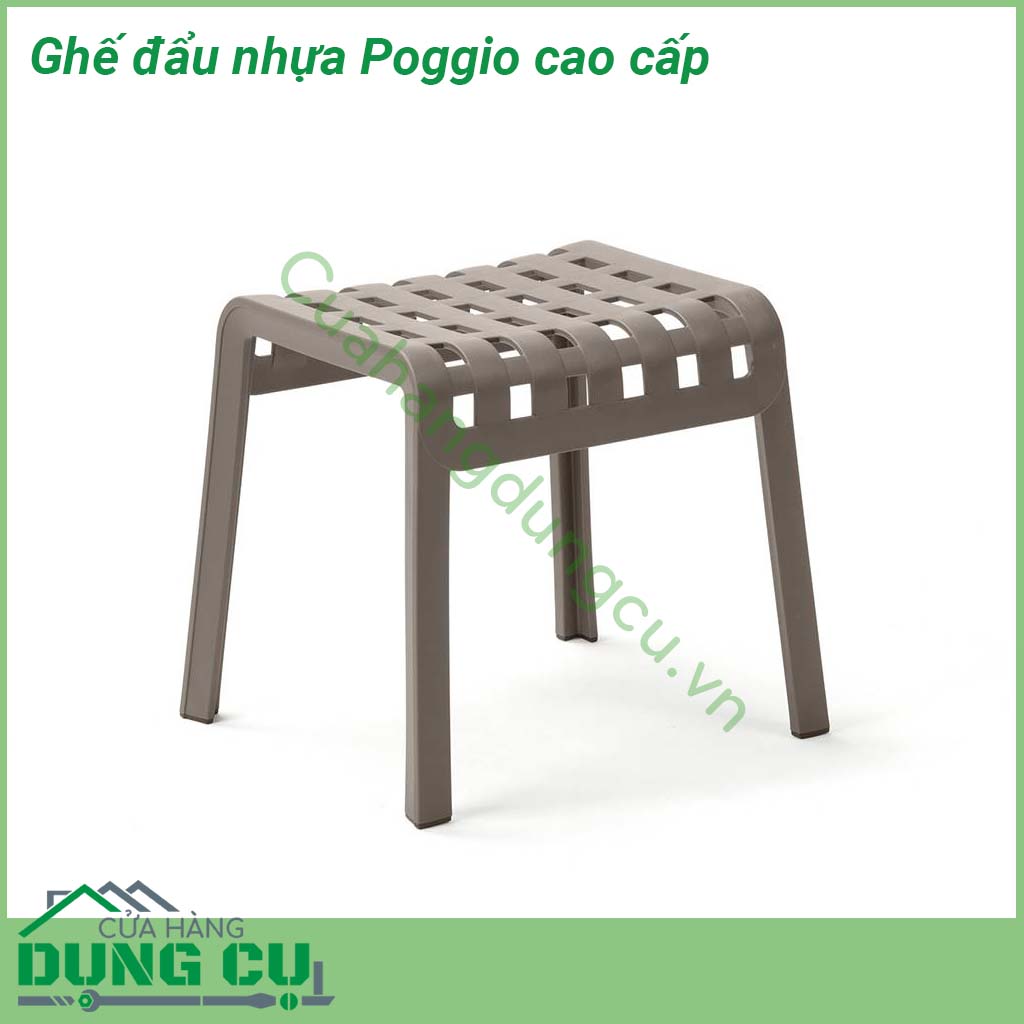 Ghế đẩu nhựa Poggio cao cấp được làm bằng nhựa sợi thủy tinh và có khung đục lỗ được trang trí bằng hoa văn hình vuông giúp tăng thêm phong cách độc đáo cho môi trường ngoài trời  Ghế có khả năng chịu nhiệt nắng mưa cực kỳ tốt