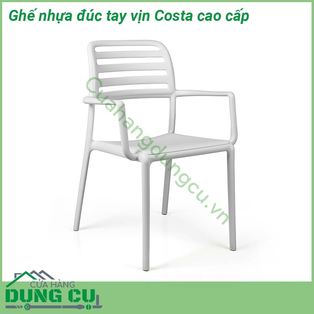 Ghế nhựa đúc tay vịn Costa cao cấp với các đường nét tối giản có tay vịn và tựa lưng cong êm ái Khung liền mạch với các góc bo tròn bề mặt mờ được làm bằng nhựa Polypropylene pha sợi thủy tinh đã qua xử lý tia UV có thể tái chế Costa có thể xếp chồng lên nhau dễ dàng được trang bị chân chống trượt