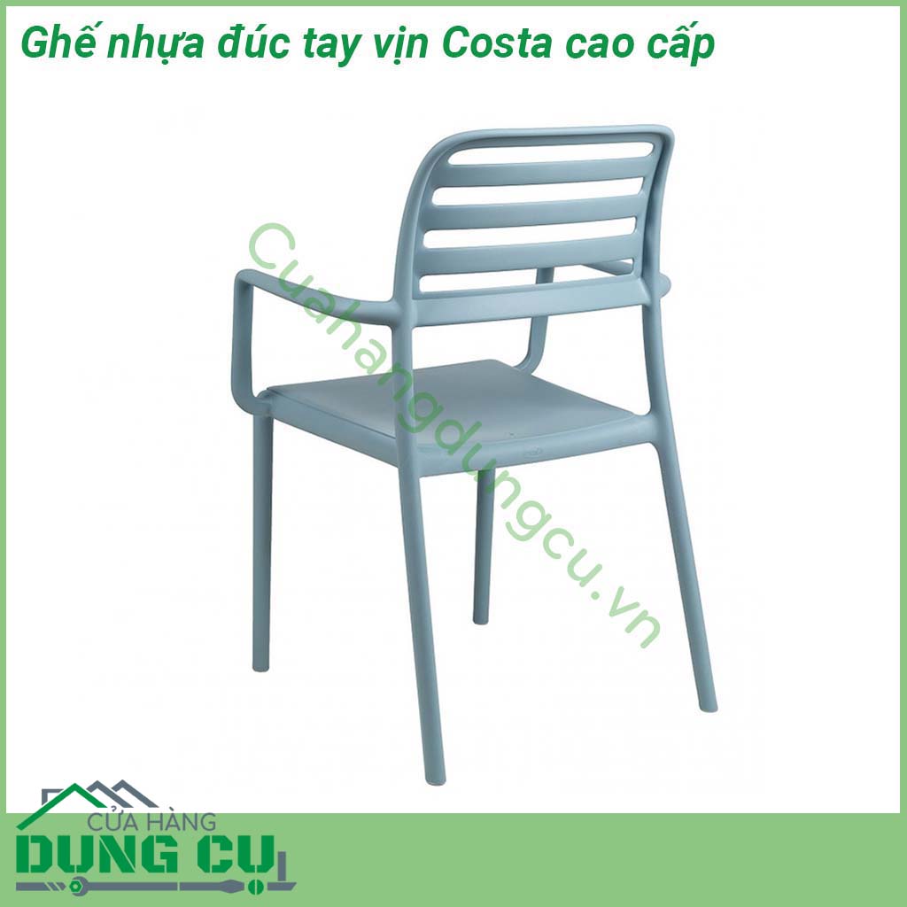 Ghế nhựa đúc tay vịn Costa cao cấp với các đường nét tối giản có tay vịn và tựa lưng cong êm ái Khung liền mạch với các góc bo tròn bề mặt mờ được làm bằng nhựa Polypropylene pha sợi thủy tinh đã qua xử lý tia UV có thể tái chế Costa có thể xếp chồng lên nhau dễ dàng được trang bị chân chống trượt