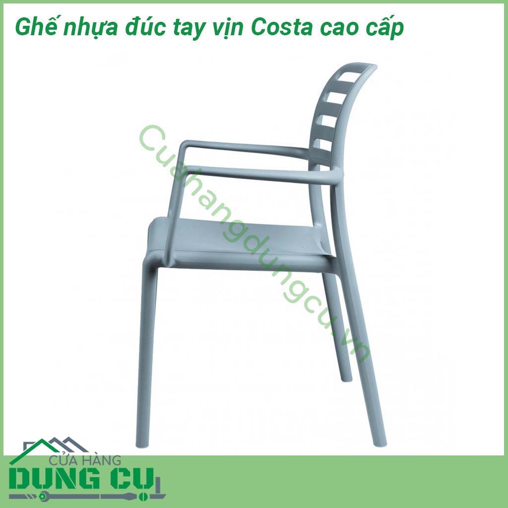 Ghế nhựa đúc tay vịn Costa cao cấp với các đường nét tối giản có tay vịn và tựa lưng cong êm ái Khung liền mạch với các góc bo tròn bề mặt mờ được làm bằng nhựa Polypropylene pha sợi thủy tinh đã qua xử lý tia UV có thể tái chế Costa có thể xếp chồng lên nhau dễ dàng được trang bị chân chống trượt