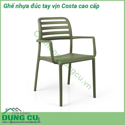 Ghế nhựa đúc tay vịn Costa cao cấp với các đường nét tối giản có tay vịn và tựa lưng cong êm ái Khung liền mạch với các góc bo tròn bề mặt mờ được làm bằng nhựa Polypropylene pha sợi thủy tinh đã qua xử lý tia UV có thể tái chế Costa có thể xếp chồng lên nhau dễ dàng được trang bị chân chống trượt