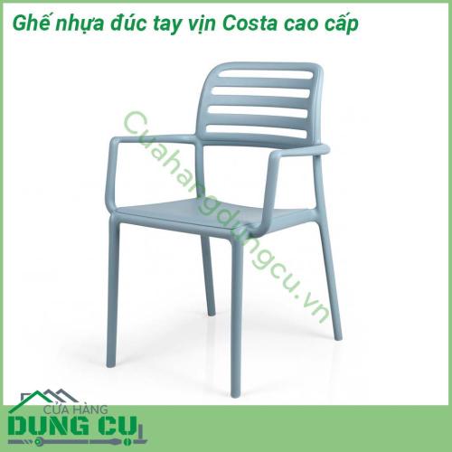 Ghế nhựa đúc tay vịn Costa cao cấp với các đường nét tối giản có tay vịn và tựa lưng cong êm ái Khung liền mạch với các góc bo tròn bề mặt mờ được làm bằng nhựa Polypropylene pha sợi thủy tinh đã qua xử lý tia UV có thể tái chế Costa có thể xếp chồng lên nhau dễ dàng được trang bị chân chống trượt