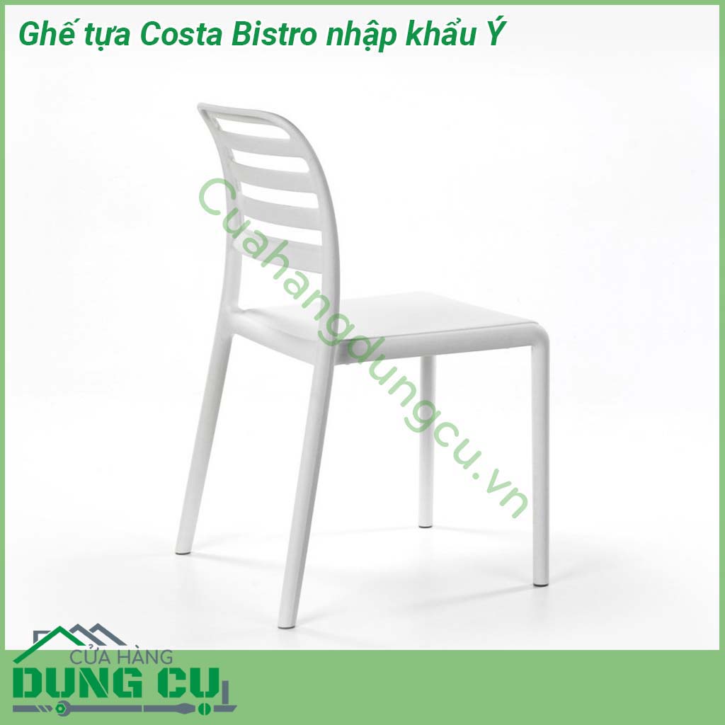 Ghế tựa Costa Bistro nhập khẩu Ý là chiếc ghế liền khối không tay vịn  Chất liệu nhựa polypropylene sợi thủy tinh có màu đồng nhất với các chất phụ gia UV  Kết thúc mờ  Với chân chống trượt  Nhựa có thể tái chế