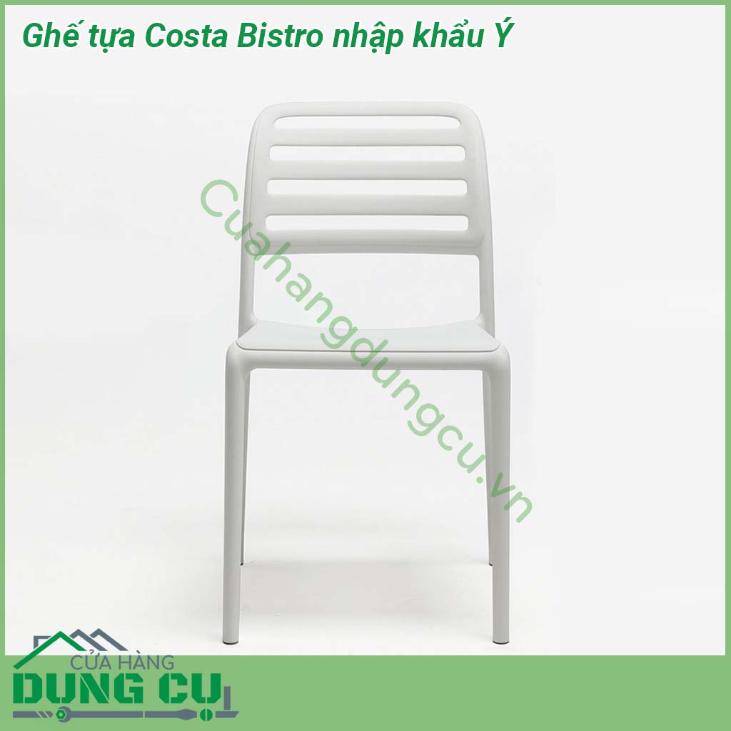 Ghế tựa Costa Bistro nhập khẩu Ý là chiếc ghế liền khối không tay vịn  Chất liệu nhựa polypropylene sợi thủy tinh có màu đồng nhất với các chất phụ gia UV  Kết thúc mờ  Với chân chống trượt  Nhựa có thể tái chế