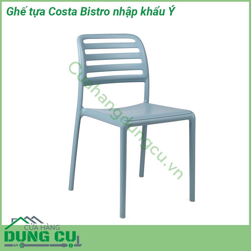 Ghế tựa Costa Bistro nhập khẩu Ý là chiếc ghế liền khối không tay vịn  Chất liệu nhựa polypropylene sợi thủy tinh có màu đồng nhất với các chất phụ gia UV  Kết thúc mờ  Với chân chống trượt  Nhựa có thể tái chế