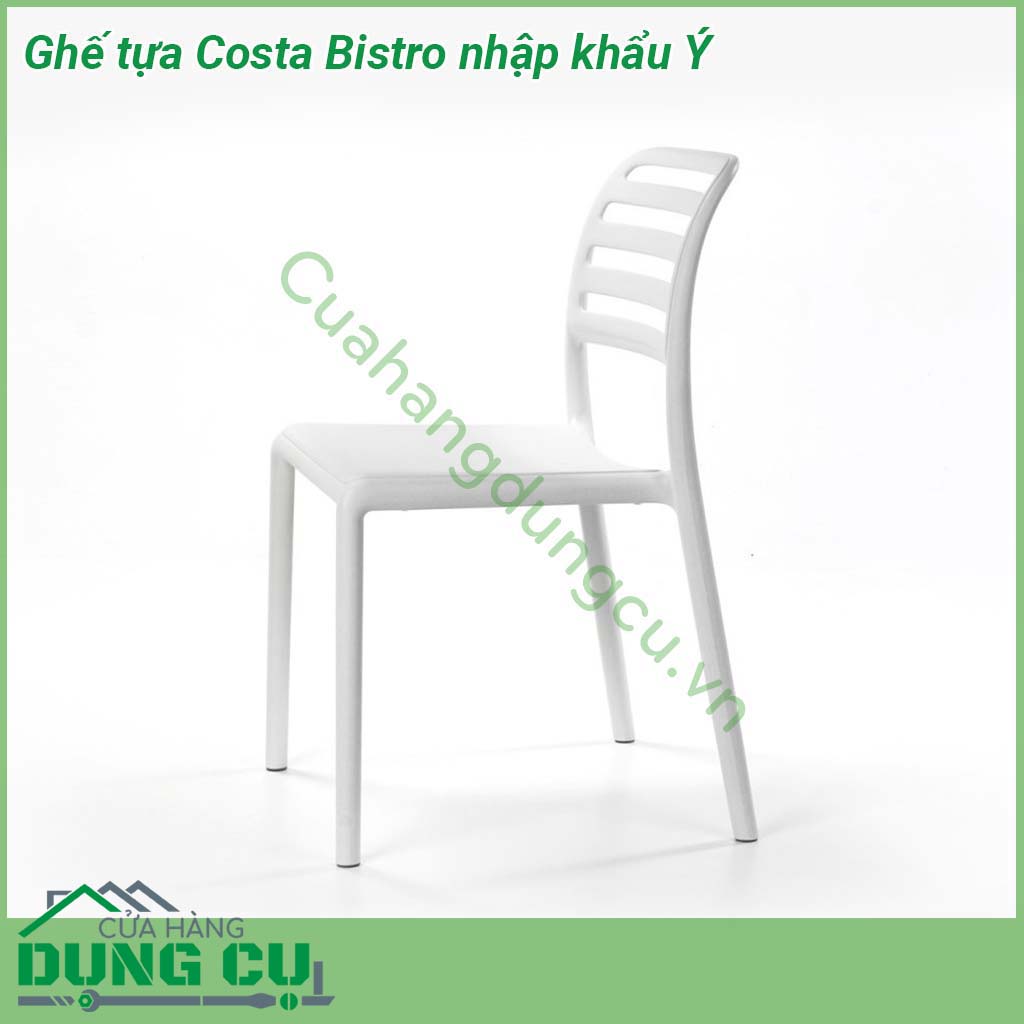 Ghế tựa Costa Bistro nhập khẩu Ý là chiếc ghế liền khối không tay vịn  Chất liệu nhựa polypropylene sợi thủy tinh có màu đồng nhất với các chất phụ gia UV  Kết thúc mờ  Với chân chống trượt  Nhựa có thể tái chế