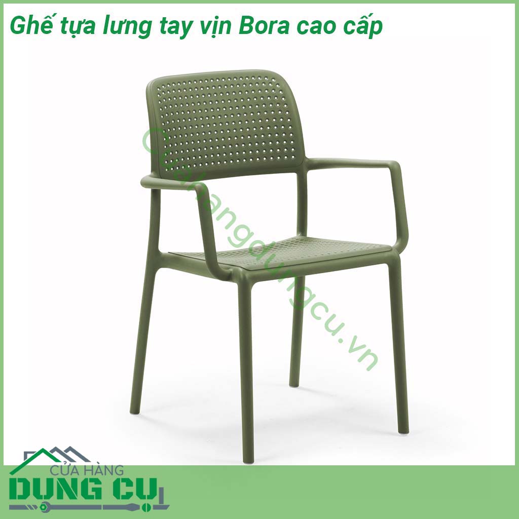 Ghế tựa lưng tay vịn Bora cao cấp làm bằng nhựa polypropylene sợi thủy tinh chất lượng cao có màu đồng nhất  Vật liệu chống thời tiết và vết bẩn  Chân cao su chống trượt chống mài mòn có thể thay thế Dễ dàng vệ sinh không cần bảo trì Ghế có thể xếp chồng lên nhau