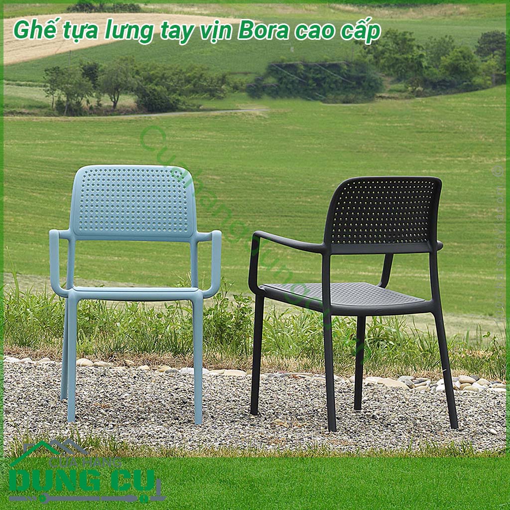 Ghế tựa lưng tay vịn Bora cao cấp làm bằng nhựa polypropylene sợi thủy tinh chất lượng cao có màu đồng nhất  Vật liệu chống thời tiết và vết bẩn  Chân cao su chống trượt chống mài mòn có thể thay thế Dễ dàng vệ sinh không cần bảo trì Ghế có thể xếp chồng lên nhau