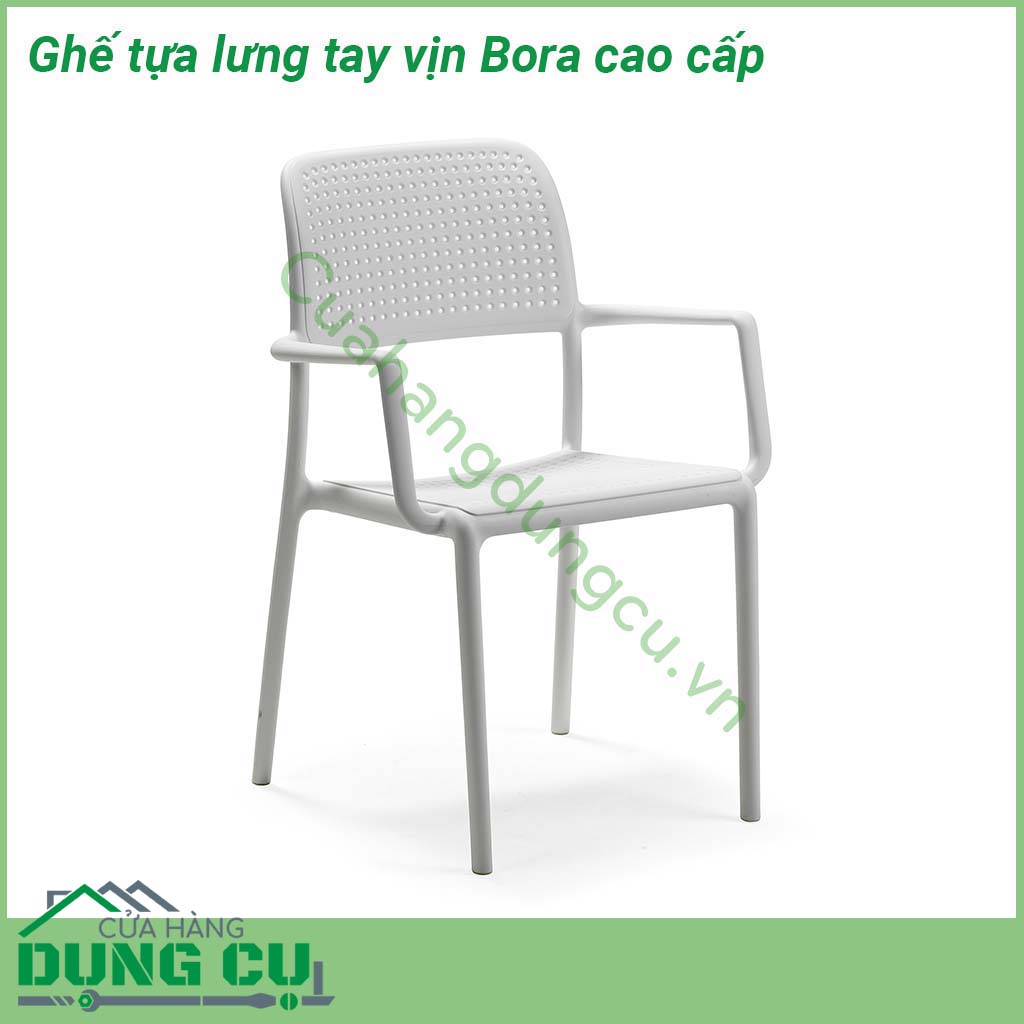 Ghế tựa lưng tay vịn Bora cao cấp làm bằng nhựa polypropylene sợi thủy tinh chất lượng cao có màu đồng nhất  Vật liệu chống thời tiết và vết bẩn  Chân cao su chống trượt chống mài mòn có thể thay thế Dễ dàng vệ sinh không cần bảo trì Ghế có thể xếp chồng lên nhau