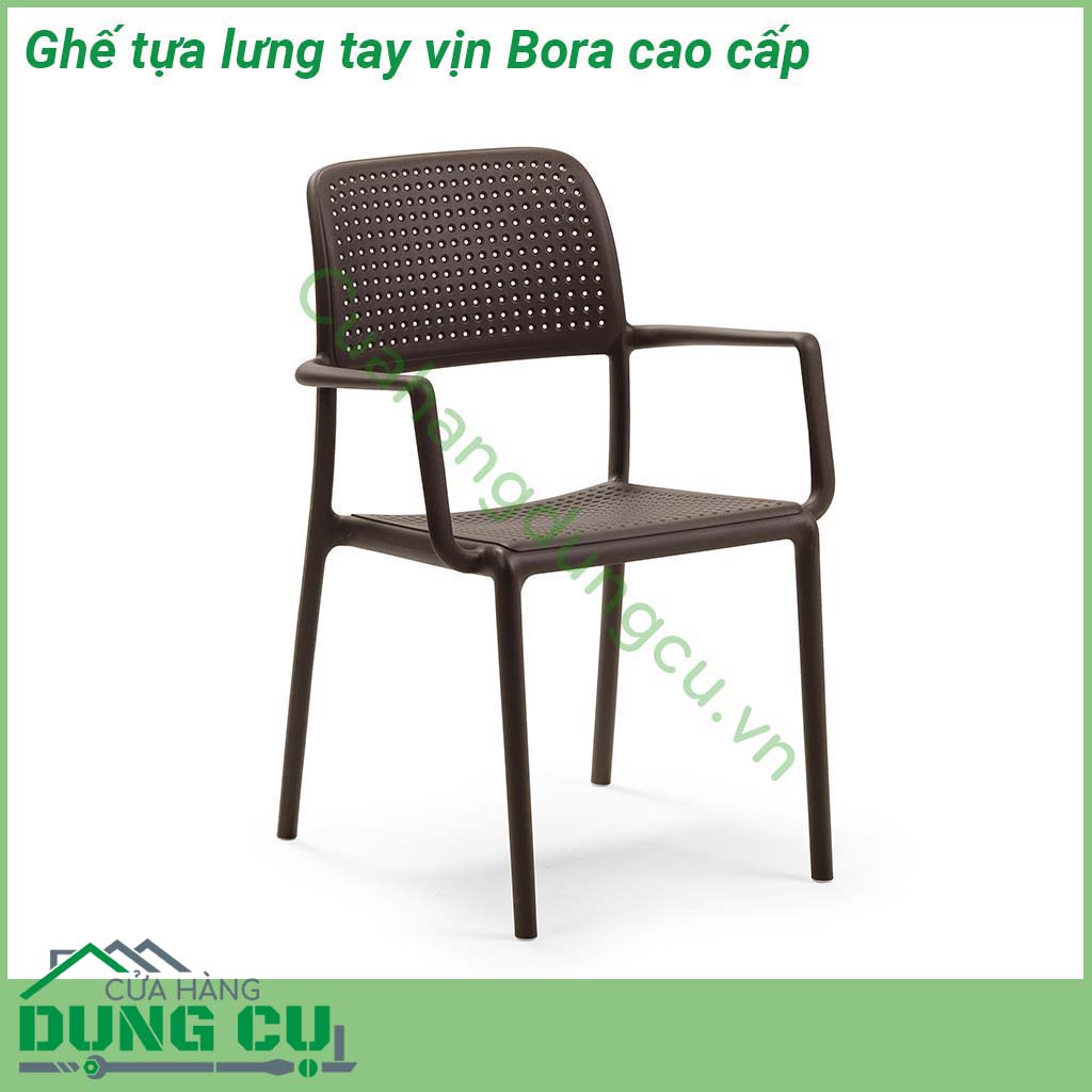 Ghế tựa lưng tay vịn Bora cao cấp làm bằng nhựa polypropylene sợi thủy tinh chất lượng cao có màu đồng nhất  Vật liệu chống thời tiết và vết bẩn  Chân cao su chống trượt chống mài mòn có thể thay thế Dễ dàng vệ sinh không cần bảo trì Ghế có thể xếp chồng lên nhau