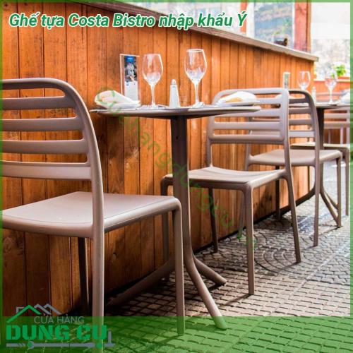 Ghế tựa Costa Bistro nhập khẩu Ý là chiếc ghế liền khối không tay vịn  Chất liệu nhựa polypropylene sợi thủy tinh có màu đồng nhất với các chất phụ gia UV  Kết thúc mờ  Với chân chống trượt  Nhựa có thể tái chế