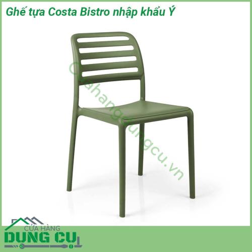 Ghế tựa Costa Bistro nhập khẩu Ý là chiếc ghế liền khối không tay vịn  Chất liệu nhựa polypropylene sợi thủy tinh có màu đồng nhất với các chất phụ gia UV  Kết thúc mờ  Với chân chống trượt  Nhựa có thể tái chế