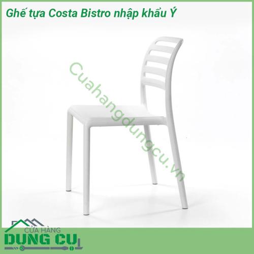 Ghế tựa Costa Bistro nhập khẩu Ý là chiếc ghế liền khối không tay vịn  Chất liệu nhựa polypropylene sợi thủy tinh có màu đồng nhất với các chất phụ gia UV  Kết thúc mờ  Với chân chống trượt  Nhựa có thể tái chế