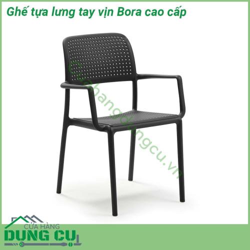 Ghế tựa lưng tay vịn Bora cao cấp làm bằng nhựa polypropylene sợi thủy tinh chất lượng cao có màu đồng nhất  Vật liệu chống thời tiết và vết bẩn  Chân cao su chống trượt chống mài mòn có thể thay thế Dễ dàng vệ sinh không cần bảo trì Ghế có thể xếp chồng lên nhau