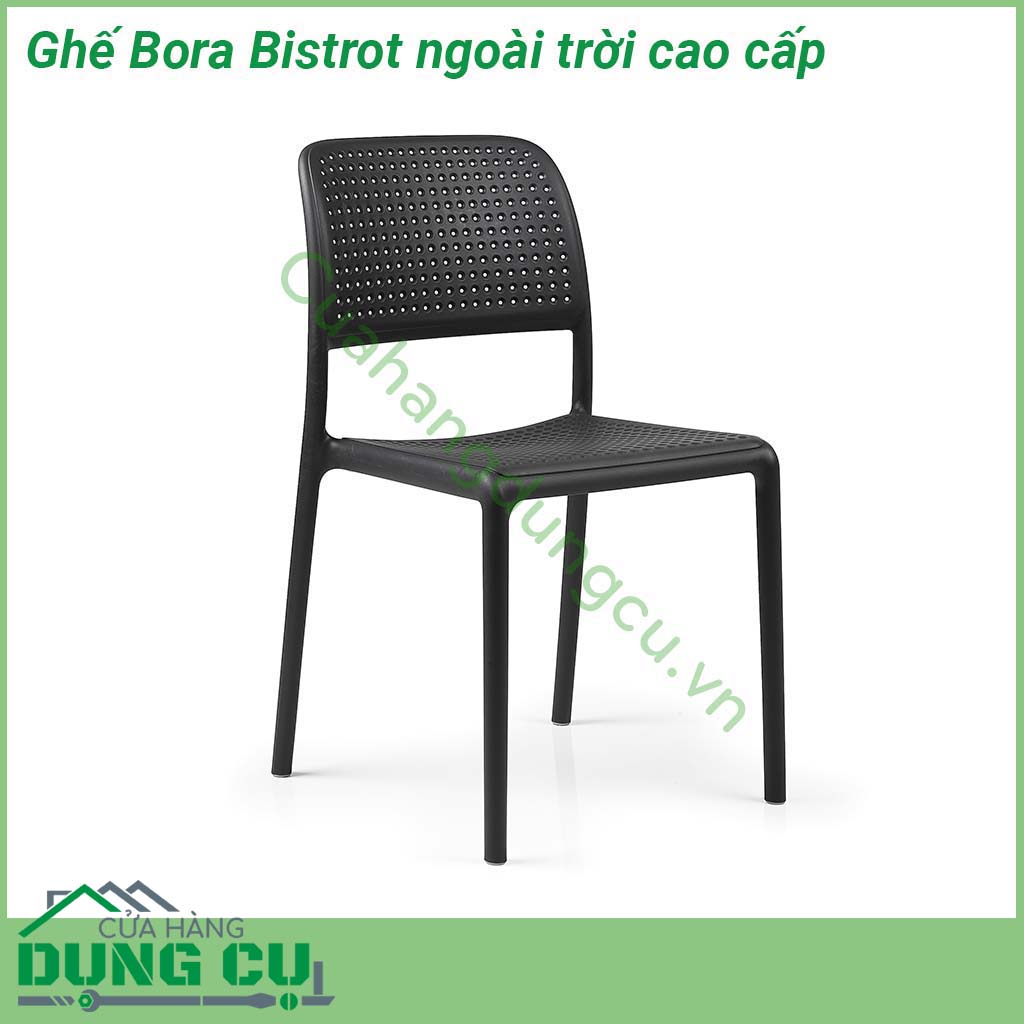 Ghế Bora Bistrot ngoài trời cao cấp làm từ nhựa polypropylene sợi thủy tinh có màu đồng nhất với các chất phụ gia UV  Kết thúc mờ  Với chân chống trượt  Nhựa có thể tái chế B ora Bistrot có nhiều màu sắc khác nhau và được trang bị chân chống trượt có thể xếp chồng lên nhau