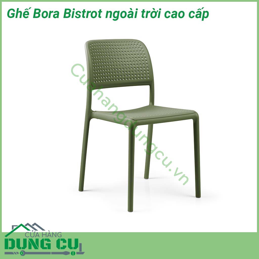 Ghế Bora Bistrot ngoài trời cao cấp làm từ nhựa polypropylene sợi thủy tinh có màu đồng nhất với các chất phụ gia UV  Kết thúc mờ  Với chân chống trượt  Nhựa có thể tái chế B ora Bistrot có nhiều màu sắc khác nhau và được trang bị chân chống trượt có thể xếp chồng lên nhau