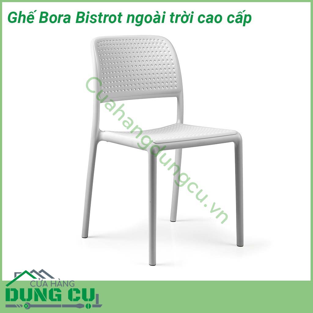 Ghế Bora Bistrot ngoài trời cao cấp làm từ nhựa polypropylene sợi thủy tinh có màu đồng nhất với các chất phụ gia UV  Kết thúc mờ  Với chân chống trượt  Nhựa có thể tái chế B ora Bistrot có nhiều màu sắc khác nhau và được trang bị chân chống trượt có thể xếp chồng lên nhau