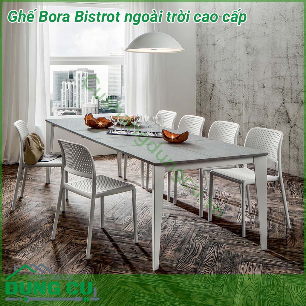 Ghế Bora Bistrot ngoài trời cao cấp làm từ nhựa polypropylene sợi thủy tinh có màu đồng nhất với các chất phụ gia UV  Kết thúc mờ  Với chân chống trượt  Nhựa có thể tái chế B ora Bistrot có nhiều màu sắc khác nhau và được trang bị chân chống trượt có thể xếp chồng lên nhau