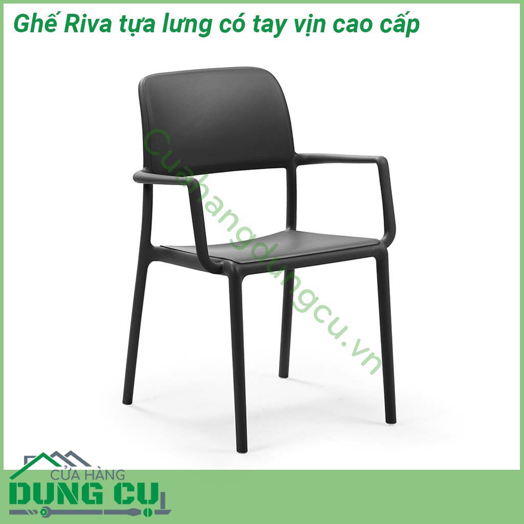 Ghế Riva tựa lưng có tay vịn cao cấp mang phong cách tối giản có tay vịn bề mặt mờ khung hình ống với các góc bo tròn được làm bằng Polypropylene pha sợi thủy tinh đã qua xử lý tia UV và có thể tái chế