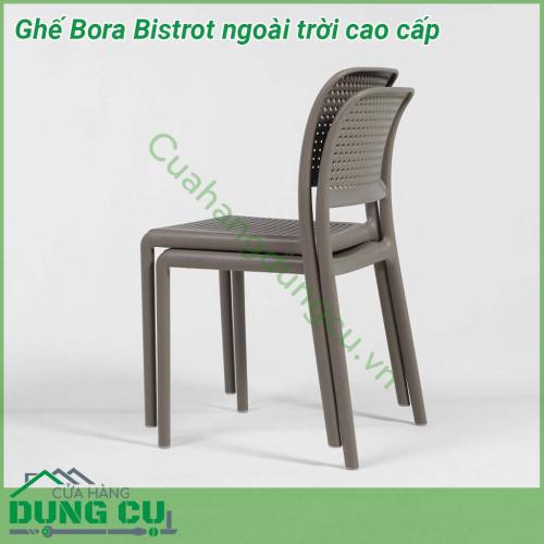 Ghế Bora Bistrot ngoài trời cao cấp làm từ nhựa polypropylene sợi thủy tinh có màu đồng nhất với các chất phụ gia UV  Kết thúc mờ  Với chân chống trượt  Nhựa có thể tái chế B ora Bistrot có nhiều màu sắc khác nhau và được trang bị chân chống trượt có thể xếp chồng lên nhau