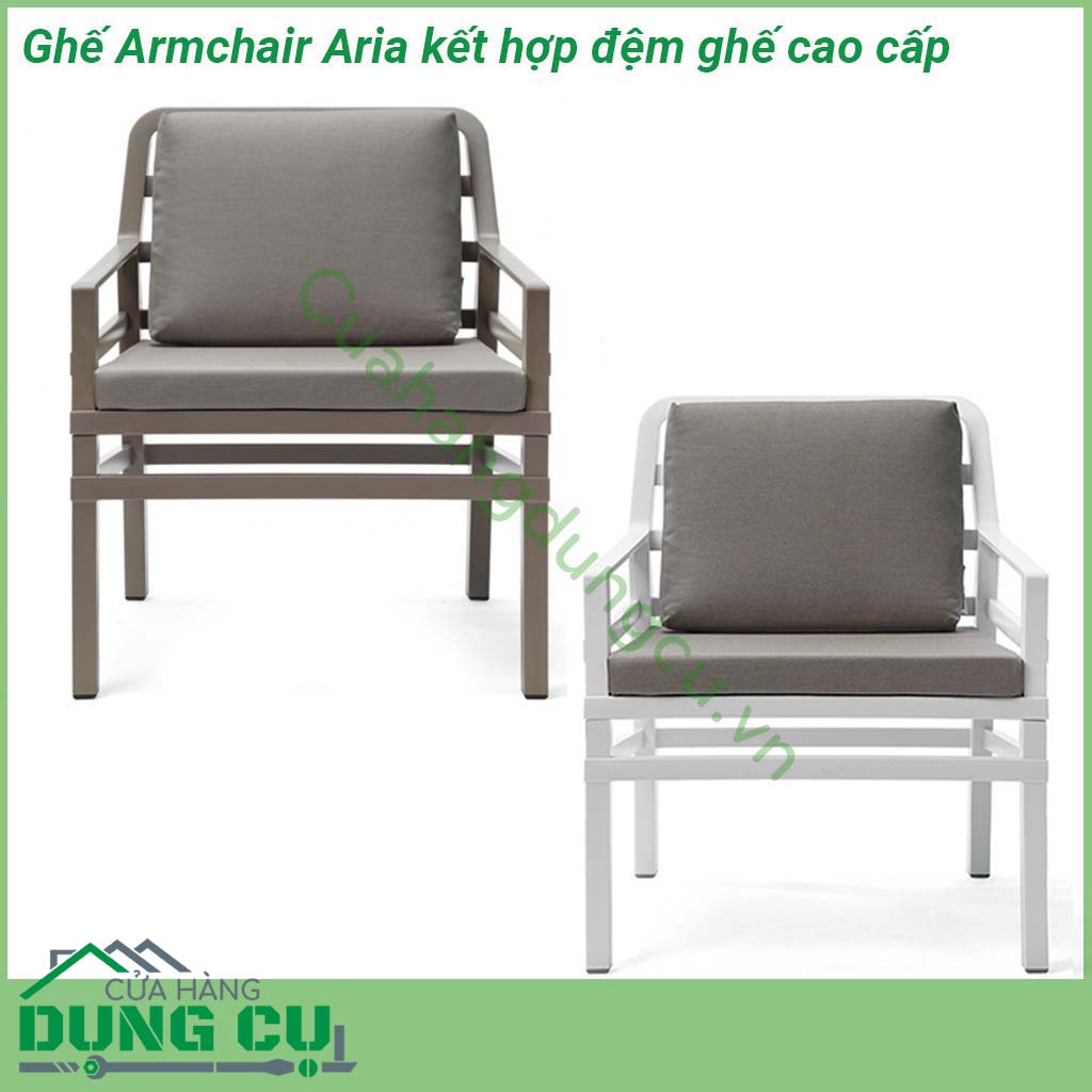 Ghế Armchair Aria kết hợp đệm ghế cao cấp được làm từ chất liệu khung nhựa Polypropylene cao cấp pha sợi thủy tinh chống tia UV được kết hợp với tựa ghế bọc vải acrylic giúp cho sản phẩm chịu được tác động từ yếu tố môi trường và thời tiết