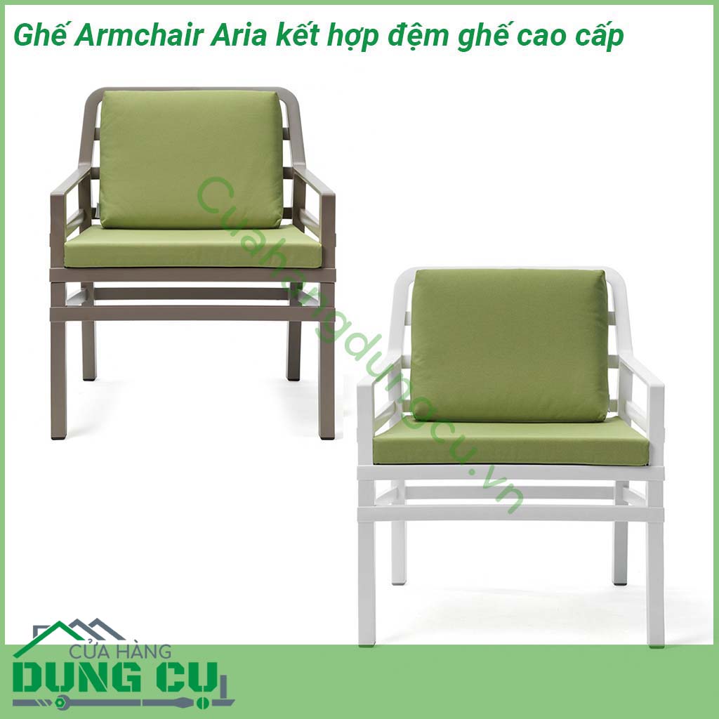 Ghế Armchair Aria kết hợp đệm ghế cao cấp được làm từ chất liệu khung nhựa Polypropylene cao cấp pha sợi thủy tinh chống tia UV được kết hợp với tựa ghế bọc vải acrylic giúp cho sản phẩm chịu được tác động từ yếu tố môi trường và thời tiết