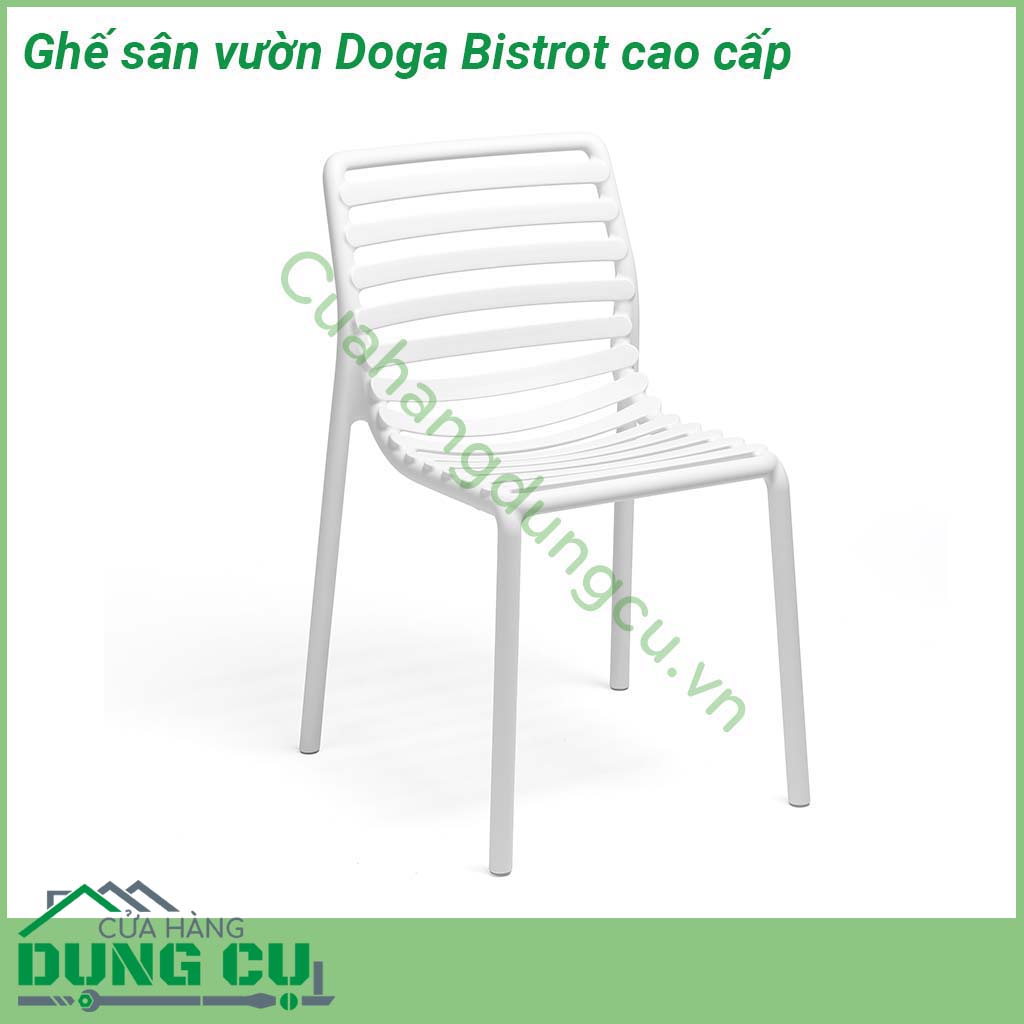 Ghế sân vườn Doga Bistrot cao cấp thiết kế thanh mảnh  một chiếc ghế ngoài trời không có tay vịn được làm bằng nhựa nguyên sinh tinh khiết PP gia cường sợi thủy tinh fiberglass  Thiết kế rất tiện dụng để di chuyển có thể xếp chồng lên nhau dễ dàng vệ sinh và hoàn toàn có thể tái chế