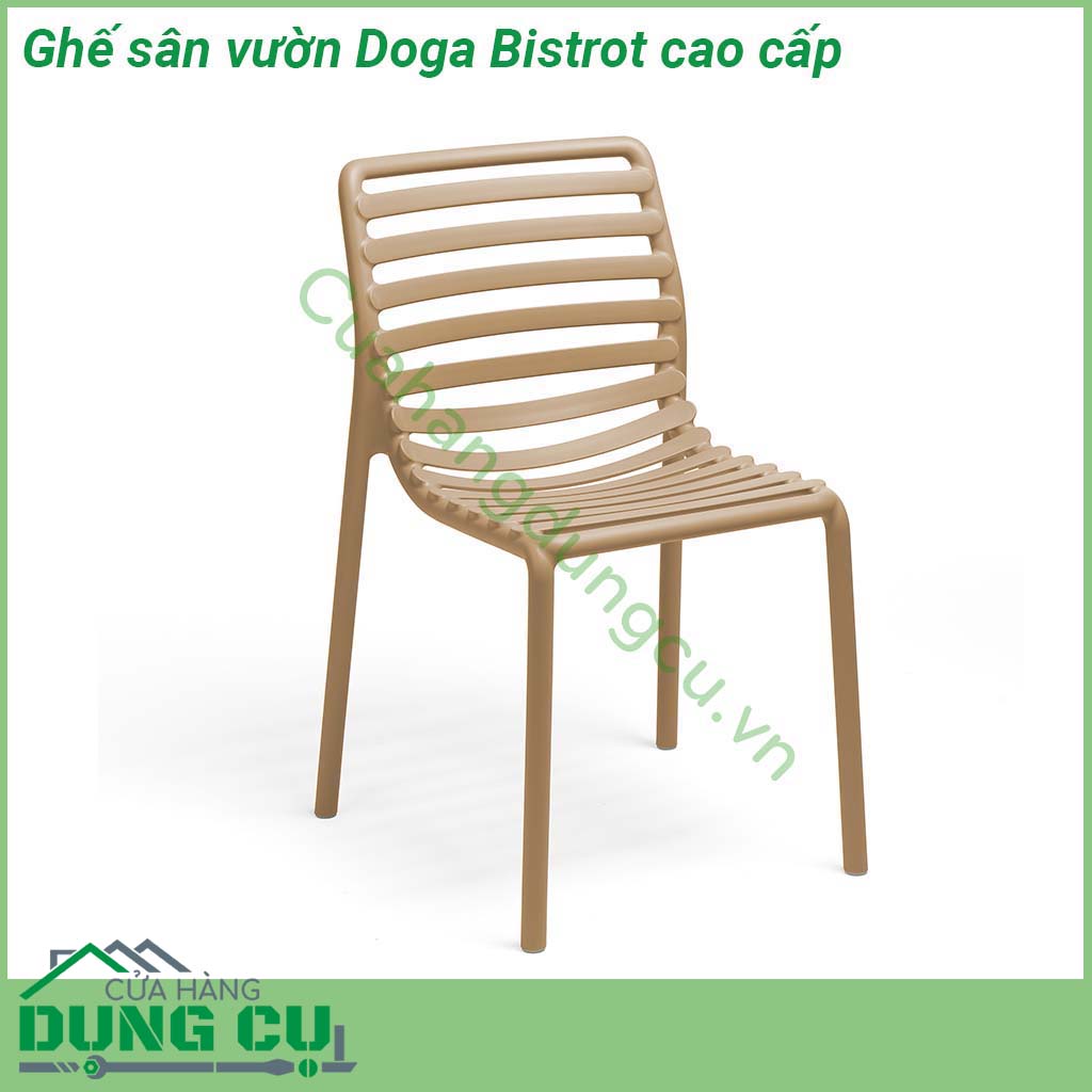 Ghế sân vườn Doga Bistrot cao cấp thiết kế thanh mảnh  một chiếc ghế ngoài trời không có tay vịn được làm bằng nhựa nguyên sinh tinh khiết PP gia cường sợi thủy tinh fiberglass  Thiết kế rất tiện dụng để di chuyển có thể xếp chồng lên nhau dễ dàng vệ sinh và hoàn toàn có thể tái chế