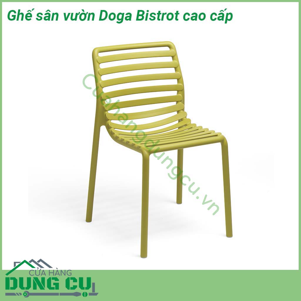 Ghế sân vườn Doga Bistrot cao cấp thiết kế thanh mảnh  một chiếc ghế ngoài trời không có tay vịn được làm bằng nhựa nguyên sinh tinh khiết PP gia cường sợi thủy tinh fiberglass  Thiết kế rất tiện dụng để di chuyển có thể xếp chồng lên nhau dễ dàng vệ sinh và hoàn toàn có thể tái chế