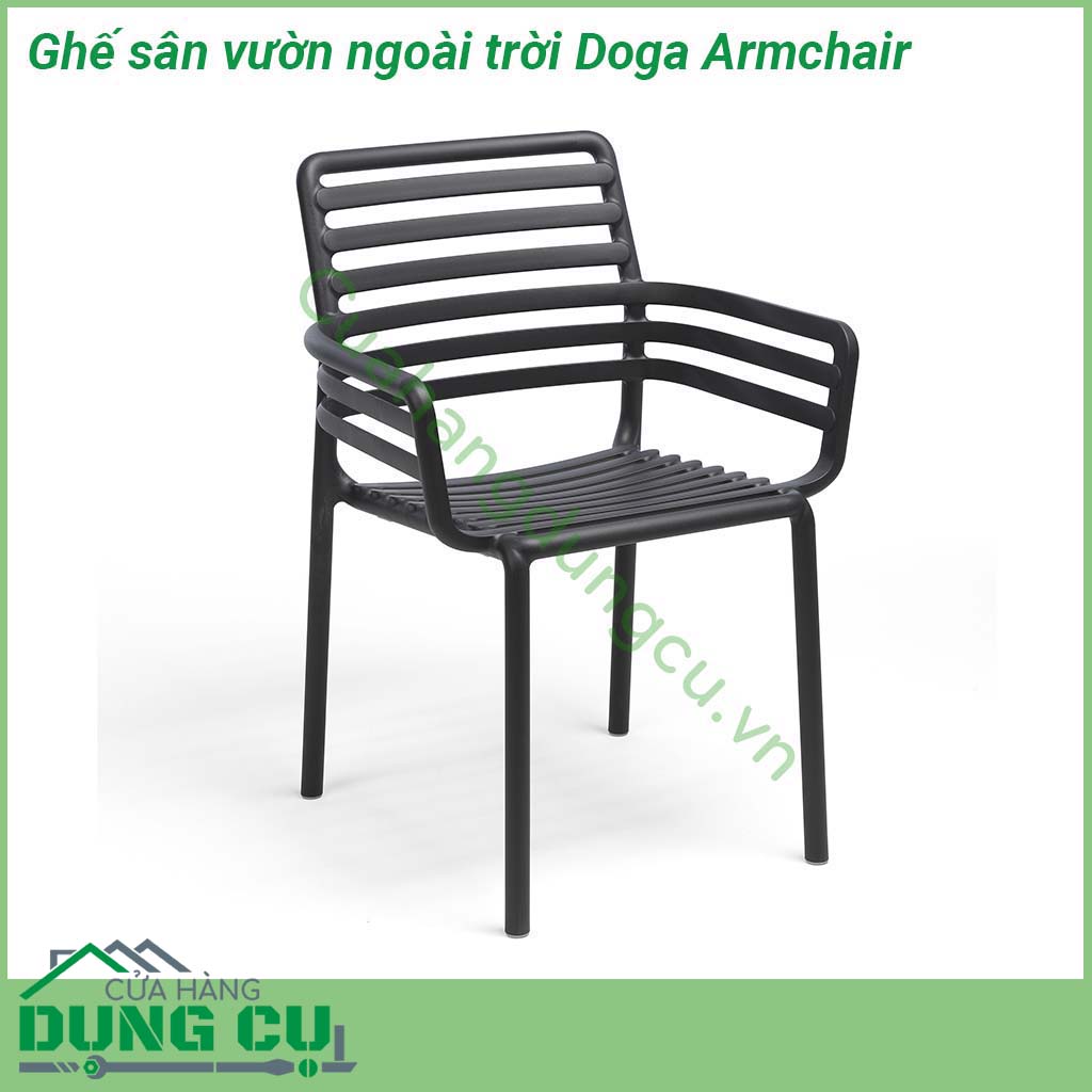 Ghế sân vườn ngoài trời Doga Armchair được sử dụng ngoài trời và được làm bằng nhựa sợi thủy tinh Nó được lấy cảm hứng từ thiết kế thanh trượt mang hơi hướng hiện đại của nhà thiết kế Raffaello Galiotto Ghế rất thuận tiện để di chuyển có thể xếp chồng lên nhau dễ vệ sinh và hoàn toàn có thể tái chế