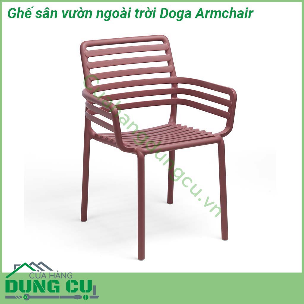 Ghế sân vườn ngoài trời Doga Armchair được sử dụng ngoài trời và được làm bằng nhựa sợi thủy tinh Nó được lấy cảm hứng từ thiết kế thanh trượt mang hơi hướng hiện đại của nhà thiết kế Raffaello Galiotto Ghế rất thuận tiện để di chuyển có thể xếp chồng lên nhau dễ vệ sinh và hoàn toàn có thể tái chế