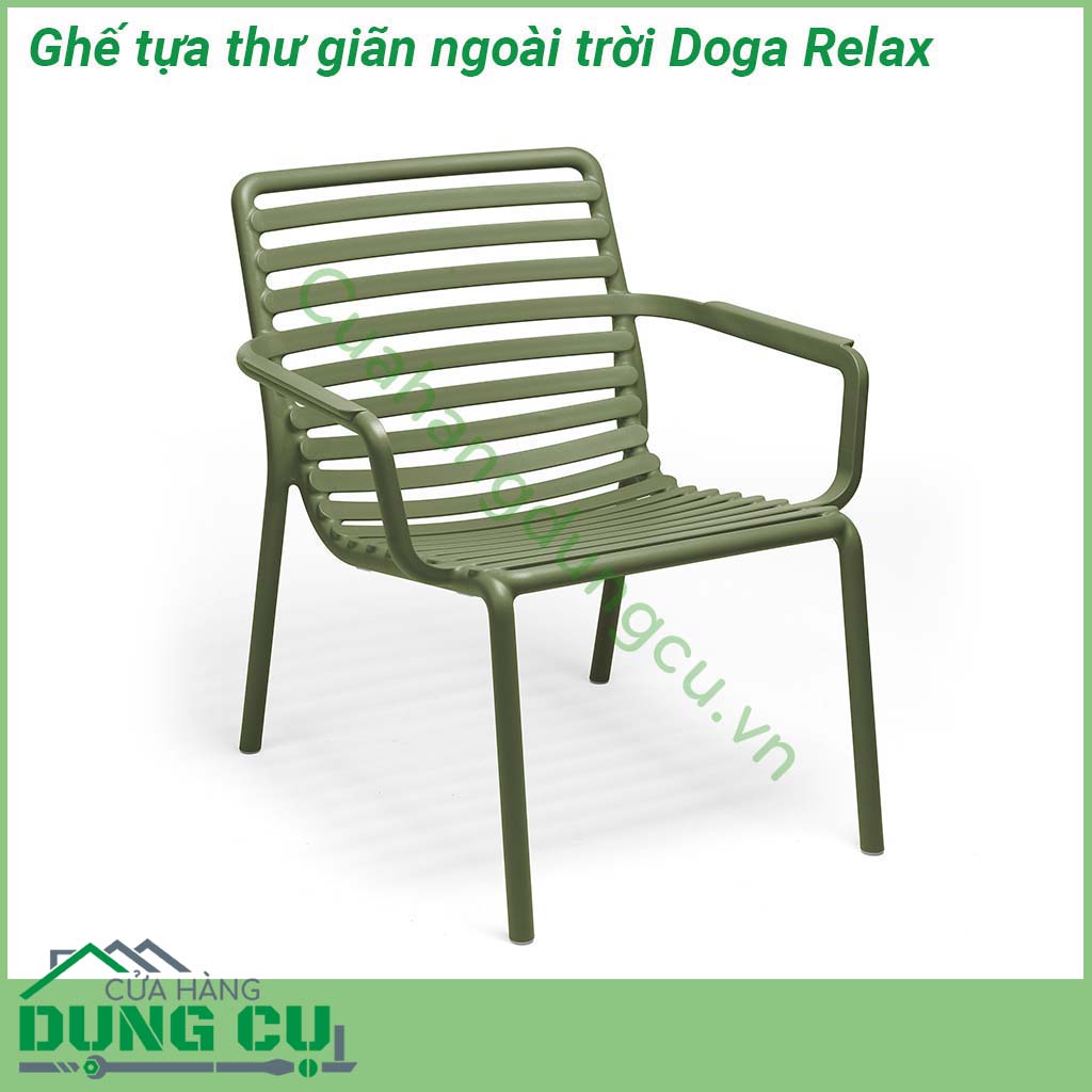 Ghế tựa thư giãn ngoài trời Doga Relax có thiết kế uốn cong mềm mại với chất liệu nhựa polypropylene sợi thủy tinh có màu đồng nhất với các chất phụ gia UV  Có thể xếp chồng lên nhau  Kết thúc mờ  Với chân chống trượt  Đệm có sẵn để đặt hàng  Nhựa có thể tái chế