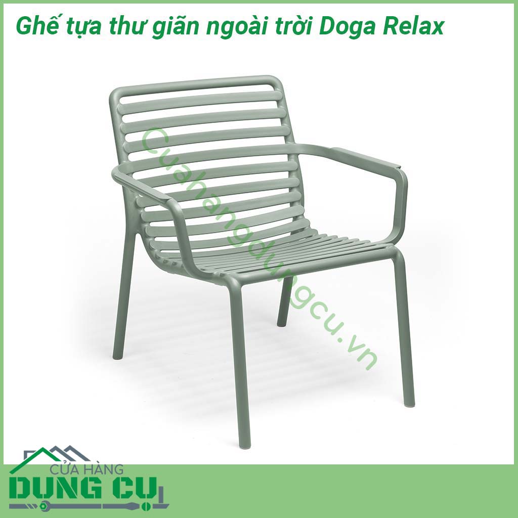 Ghế tựa thư giãn ngoài trời Doga Relax có thiết kế uốn cong mềm mại với chất liệu nhựa polypropylene sợi thủy tinh có màu đồng nhất với các chất phụ gia UV  Có thể xếp chồng lên nhau  Kết thúc mờ  Với chân chống trượt  Đệm có sẵn để đặt hàng  Nhựa có thể tái chế