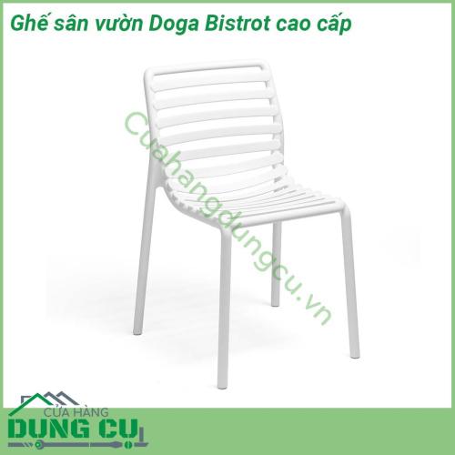 Ghế sân vườn Doga Bistrot cao cấp thiết kế thanh mảnh  một chiếc ghế ngoài trời không có tay vịn được làm bằng nhựa nguyên sinh tinh khiết PP gia cường sợi thủy tinh fiberglass  Thiết kế rất tiện dụng để di chuyển có thể xếp chồng lên nhau dễ dàng vệ sinh và hoàn toàn có thể tái chế