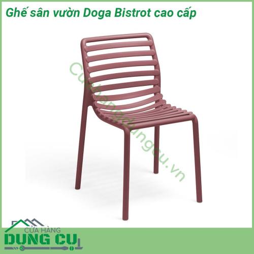 Ghế sân vườn Doga Bistrot cao cấp thiết kế thanh mảnh  một chiếc ghế ngoài trời không có tay vịn được làm bằng nhựa nguyên sinh tinh khiết PP gia cường sợi thủy tinh fiberglass  Thiết kế rất tiện dụng để di chuyển có thể xếp chồng lên nhau dễ dàng vệ sinh và hoàn toàn có thể tái chế