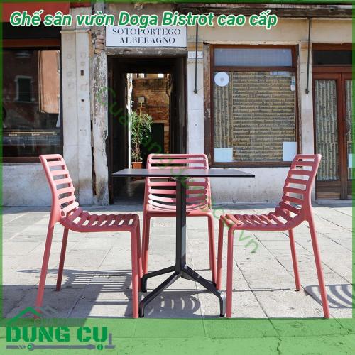 Ghế sân vườn Doga Bistrot thiết kế thanh mảnh  một chiếc ghế ngoài trời không có tay vịn được làm bằng nhựa nguyên sinh tinh khiết PP gia cường sợi thủy tinh fiberglass  Thiết kế rất tiện dụng để di chuyển có thể xếp chồng lên nhau dễ dàng vệ sinh và hoàn toàn có thể tái chế