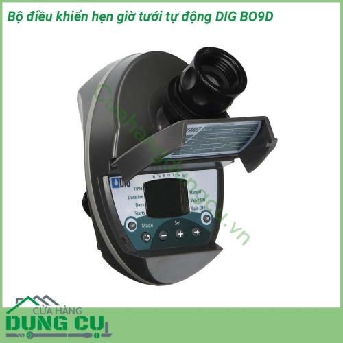 Bộ điều khiển hẹn giờ tưới tự động DIG BO9D chuẩn Mỹ ren 27  có thể tự tưới tối đa 4 lần trong ngày Thời gian mỗi lần tưới từ 1 phút đến 12h59 phút lưu lượng từ 2 lít giờ đến 35 lít giờ Thiết bị sử dụng 01 pin 9V alkaline trên 1 năm mới phải thay 1 lần