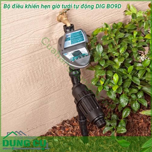 Bộ điều khiển hẹn giờ tưới tự động DIG BO9D chuẩn Mỹ ren 27  có thể tự tưới tối đa 4 lần trong ngày Thời gian mỗi lần tưới từ 1 phút đến 12h59 phút lưu lượng từ 2 lít giờ đến 35 lít giờ Thiết bị sử dụng 01 pin 9V alkaline trên 1 năm mới phải thay 1 lần