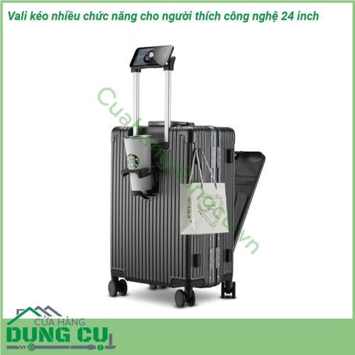 Vali kéo nhiều chức năng cho người thích công nghệ 24 inch có thiết kế khung làm bằng hợp kim nhôm siêu chắc chắn Tay cầm bằng kim loại sáng bóng không gỉ kéo lên kéo xuống mượt mà  Kết cấu 8 bánh xe gắn quanh 4 trục xoay 360 độ giúp kéo đẩy vali nhẹ nhàng dễ dàng