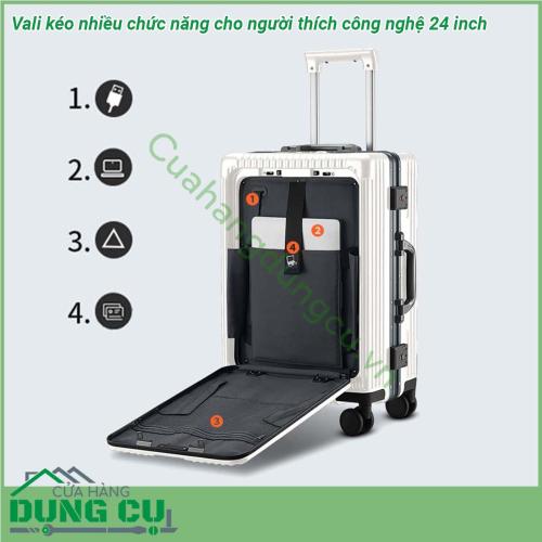 Vali kéo nhiều chức năng cho người thích công nghệ 24 inch có thiết kế khung làm bằng hợp kim nhôm siêu chắc chắn Tay cầm bằng kim loại sáng bóng không gỉ kéo lên kéo xuống mượt mà  Kết cấu 8 bánh xe gắn quanh 4 trục xoay 360 độ giúp kéo đẩy vali nhẹ nhàng dễ dàng